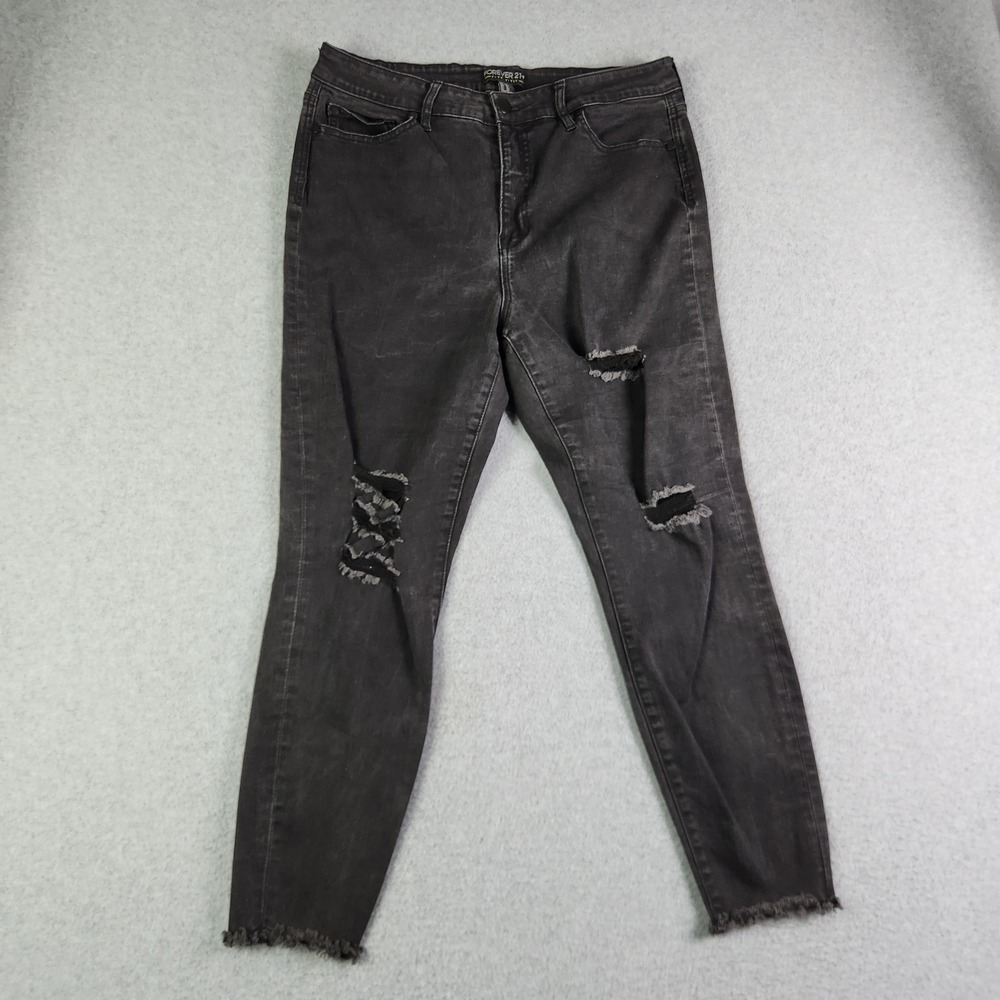Forever 21 Jeans Womens 16 Black Denim Stretch High Rise Skinny Distress Raw Hem